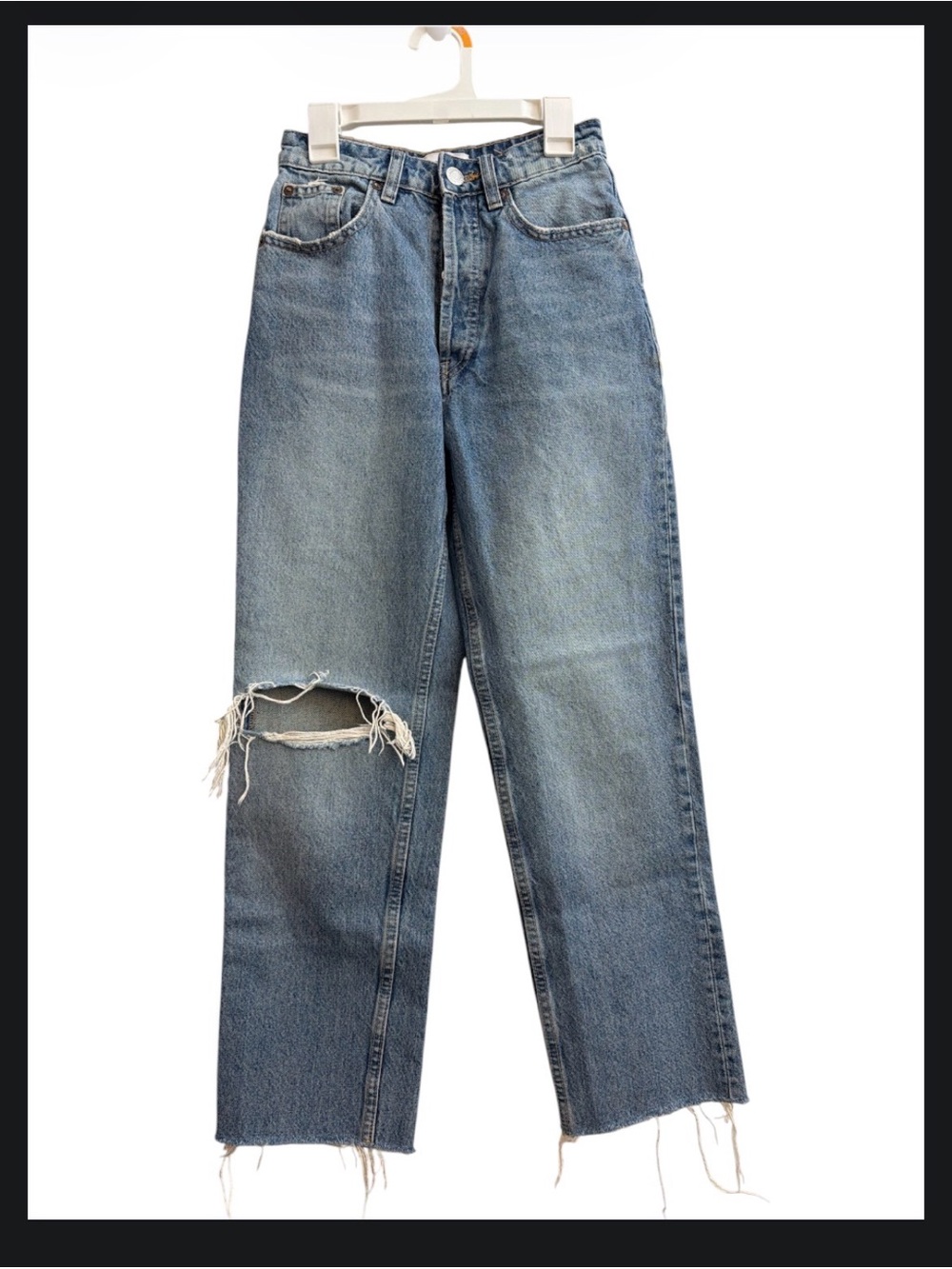 Zara Women's Straight Leg Ripped Jeans in Light Blue